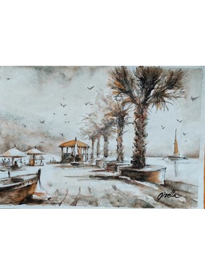 Muguetarts %100 El Yapımı Bodrum Sahil Manzaralı Suluboya Resim 37X26 cm Çerçevesiz