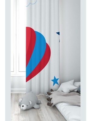Esranın Dünyası Pelangi Beyaz Balon ve Yıldız Desenli Dijital Baskı Yıkanabilir Bebek Çocuk Odası Fon Perdesi, Bayaz-Mavi-Kırmızı 140 x 270