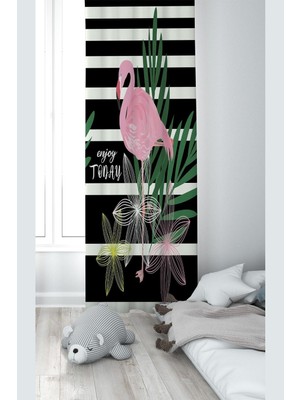 Esranın Dünyası Pelangi Siyah Beyaz Filamingo Desenli Dijital Baskı Yıkanabilir Bebek Çocuk Odası Fon Perdesi, Pembe-Siyah 140 x 200