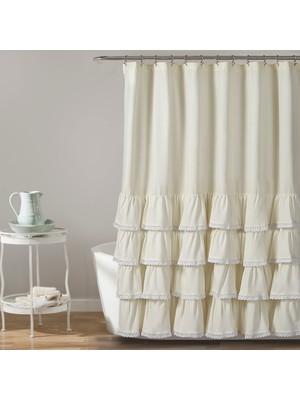 Esranın Dünyası Lush Decor Ella Duş Perdesi Fırfırlı Dantel Tasarım | Vintage Şık Çiftlik Evi Tarzı Banyo, 182,88 cm x 182,88 Cm, Fildişi