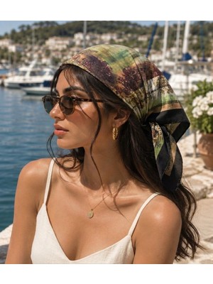 Trend Dokunuş 50-50 Saten Kadın Yeşil Desenli Fular Bandana