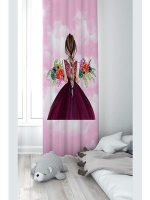 Esranın Dünyası Pelangi Pembe Prenses Desenli Dijital Baskı Yıkanabilir Bebek Çocuk Odası Fon Perdesi, Pembe 140 x 240