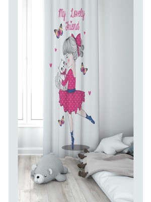 Esranın Dünyası Pelangi Beyaz Kedi Seven Kız Desenli Dijital Baskı Yıkanabilir Bebek Çocuk Odası Fon Perdesi, Beyaz-Fuşya 70 x 200