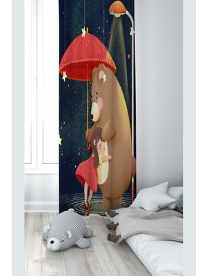 Esranın Dünyası Pelangi Lacivert Ayıcığa Sarılan Kız Desenli Dijital Baskı Yıkanabilir Bebek Çocuk Odası Fon Perdesi, Lacivert-Kahverengi 140 x 240