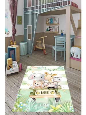 Esranın Dünyası Pelangi Pastel Renkler Sevimli Hayvanlar Zürafa Yıkanabilir Kaymaz Taban Leke Tutmaz Çocuk Odası Halısık, Mint-Beyaz 160 x 300, 76420051603001