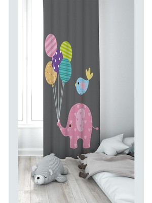 Esranın Dünyası Pelangi Fil ve Balon Desenli Dijital Baskı Yıkanabilir Bebek Çocuk Odası Fon Perdesi, Füme 140 x 240