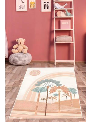 Esranın Dünyası Pelangi Palmiyeler Minimalist Manzara Gökkuşağı Yıkanabilir Kaymaz Taban Leke Tutmaz Çocuk Odası Halısı, Beyaz-Yeşil-Turuncu 120 x 160