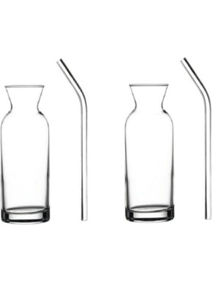 Esranın Dünyası Aybaba Store 2 Adet Cam Pipetli Limonata Sunum Şişe Karaf Süt ve Meyve Suyu Bardağı