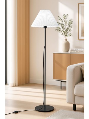 Esranın Dünyası Metal Ayaklı Lambader Umbrella Pileli Beyaz Kumaş Başlık Retro Modern Bohem Lamba 150 cm LAM02