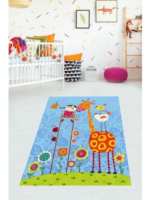 Esranın Dünyası Pelangi Neşeli Çocuk ve Hayvan Sevgisi Zürafa Yıkanabilir Kaymaz Taban Leke Tutmaz Çocuk Odası Halısık, Turuncu-Mavi 120 x 200, 76420101202001