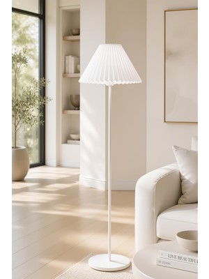 Esranın Dünyası Beyaz Metal Lambader Tek Ayaklı Kırma Beyaz Kumaş Pileli Başlık Modern Retro 150 cm LAM03