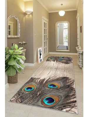 Esranın Dünyası Pelangi Tavuskuşu Tüyü Desenli Eskitme Dijital Baskı Yıkanabilir Modern Salon Halı ve Yolluk, Kahverengi 40 x 40, 955423740407