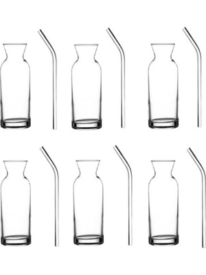 Esranın Dünyası Paşabahçe Village Cam Pipetli Meşrubat Bardağı Limonata Süt Şişesi Sunum Karaf 6 Adet