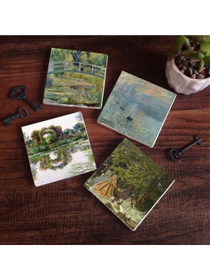 Esranın Dünyası Pinecone Stone Monet Gül Çiçekli Kemer, Kırda Öğle Yemeği, Izlenim Gün Doğumu, Nilüfer Gölü Taş Bardak Altlığı Seti - 4 Parça - Dekoratif, Rustik Mutfak Aksesuarı, 10X10 Cm, Kaydırmaz Tabanlı SC530