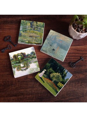 Esranın Dünyası Pinecone Stone Claude Monet Gül Çiçekli Kemer, Bahçedeki Kadın, Izlenim Gün Doğumu, Nilüfer Gölü Taş Bardak Altlığı Seti - 4 Parça - Dekoratif, Rustik, 10X10 Cm, Kaydırmaz Tabanlı SC529