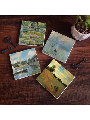 Esranın Dünyası Pinecone Stone Claude Monet Argenteuil'de Köprü, Gelincikler, Izlenim Gün Doğumu, Nilüfer Gölü Taş Bardak Altlığı Seti - 4 Parça - Dekoratif, Rustik Mutfak Aksesuarı, 10X10 Cm, Kaydırmaz Tabanlı SC527