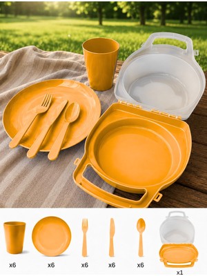 Esranın Dünyası Beylini 32 Parça Piknik Seti Tabak Çatal Kaşık Bıçak Bardak 6 Kişilik Gezi Set Kahvaltı Makinede Yıkanabilir Set (Turuncu)