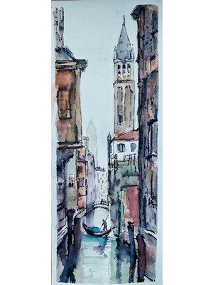Muguetarts %100 El Emeği Suluboya ve Mürekkep Çalışması Venedik Manzara Resmi 50X20 cm Çerçevesiz