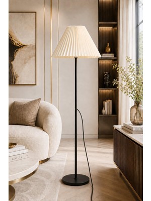 Esranın Dünyası Umbrella Lambader Siyah Metal Tek Ayaklı Lamba Krem Modern Kırma Kumaş Başlık LAM07