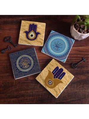 Esranın Dünyası Pinecone Stone Fatma Ana Eli (Hamsa), Nazar Ağaç Taş Bardak Altlığı Seti - 4 Parça - Dekoratif, Rustik Mutfak Aksesuarı, 10X10 Cm, Kaydırmaz Tabanlı, Şık ve Dayanıklı SC316