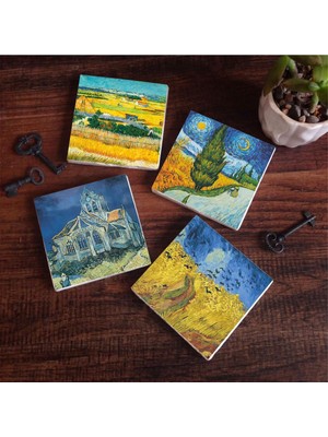 Esranın Dünyası Pinecone Stone Van Gogh Hasat Manzarası, Yıldızlı Yol, Buğday Tarlası ve Kargalar, Kilise Taş Bardak Altlığı Seti - 4 Parça - Dekoratif, Rustik Mutfak Aksesuarı, 10X10 Cm, Kaydırmaz Tabanlı SC225