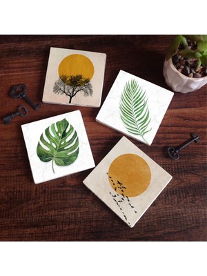 Esranın Dünyası Pinecone Stone Minimalist, Yaprak Taş Bardak Altlığı Seti - 4 Parça - Dekoratif, Rustik Mutfak Aksesuarı, 10X10 Cm, Kaydırmaz Tabanlı, Şık ve Dayanıklı SC345