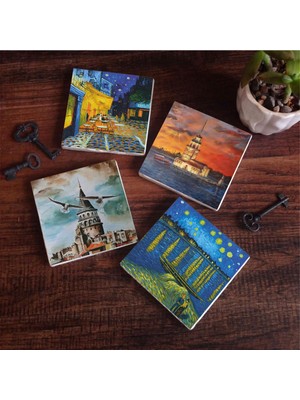 Esranın Dünyası Pinecone Stone Van Gogh Ren Nehri, Kafe Terasta Gece, Istanbul Galata Kulesi, Kız Kulesi Taş Bardak Altlığı Seti - 4 Parça - Dekoratif, Rustik Mutfak Aksesuarı, 10X10 Cm, Kaydırmaz Tabanlı SC327