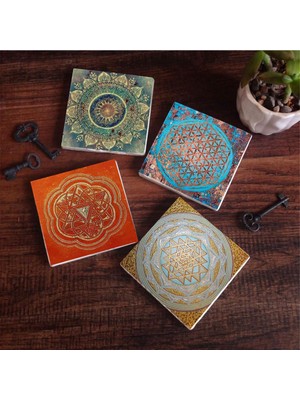 Esranın Dünyası Pinecone Stone Mandala, Yaşam Çiçeği, Sri Yantra Taş Bardak Altlığı Seti - 4 Parça - Dekoratif, Rustik Mutfak Aksesuarı, 10X10 Cm, Kaydırmaz Tabanlı, Şık ve Dayanıklı SC157
