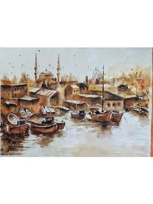 Muguetarts %100 El Emeği Suluboya Manzara Resmi 53X39 cm Çerçevesiz