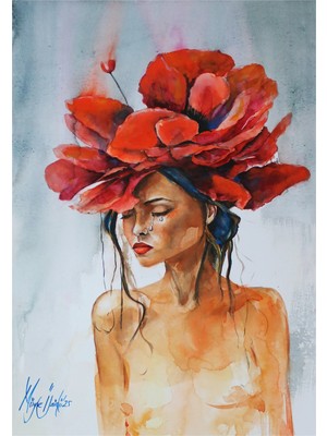 Muguetarts %100 Suluboya Gelincik Kadın Resim Tablosu 70X50 cm