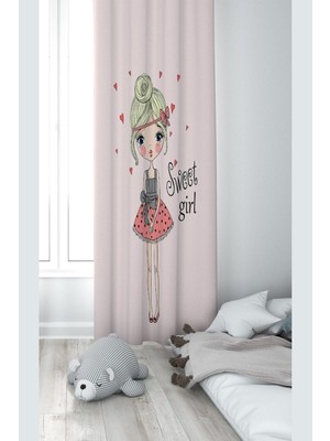 Esranın Dünyası Pelangi Sweet Girl Desenli Dijital Baskı Yıkanabilir Bebek Çocuk Odası Fon Perdesi, Pudra 140 x 240