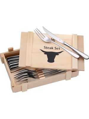 Esranın Dünyası Wmf 12 Parça Steak Çatal Bıçak Seti, 6 Kişilik, Steak Bıçağı ve Steak Çatalı, Cromargan® Yüksek Kaliteli Parlak Paslanmaz Çelik, Ahşap Saklama Kutulu
