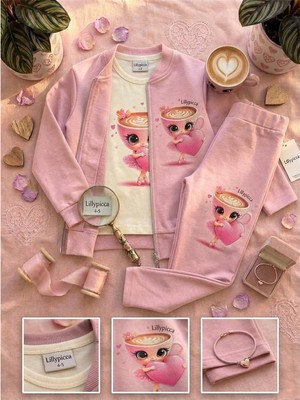 Lillypicca Karakter Baskılı Penye Ceketli - Penye Sweatshirt - Penye Pantolonlu Kız Çocuk 3lü Takım