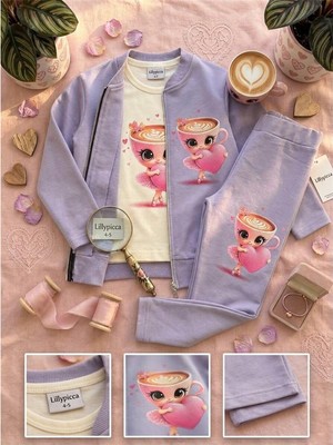 Lillypicca Karakter Baskılı Penye Ceketli - Penye Sweatshirt - Penye Pantolonlu Kız Çocuk 3lü Takım