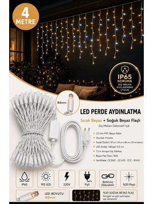 Deconitte 4 Metre 192 LED Profesyonel Perde LED Işık Dış Mekan Kalın Kablolu Beyaz Flaşlı Kafe Restoran Bahçe Teras Aydınlatma