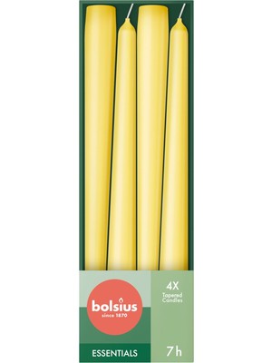 Esranın Dünyası Bolsius Düz Sivri Mum – Sarı – 4 Adet Kartonda – Dekoratif Ev Mumu – Yanma Süresi 7 Saat – Parfümsüz – Doğal Bitkisel Bal Mumu Içerir – Palmiye Yağı Içermez – 24,5 cm