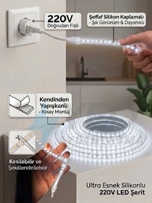 Yeo Aydınlatma 220V Doğrudan Fişli Trafosuz Beyaz Şeffaf Silikonlu Şerit LED - IP67 Su Geçirmez Kendinden Yapışkanlı