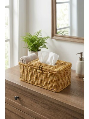 Esranın Dünyası Buffer Bölmeli Kapaklı Doğal Rattan Görünümlü Hasır Organizer Sepet, Peçetelik, Makyaj ve Takı Düzenleyici, Plastik, 24X10X10 cm