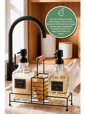 Evonita Bambu Standlı Cam Sıvı Sabunluk Seti Ikili Deterjanlık Mutfak Banyo Organizer 500 ml
