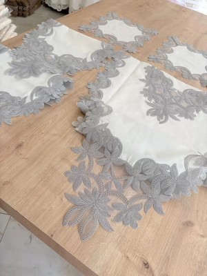 Ceki Home Salon Takımı Çeyizlik Kreme Gri Runner Set 5 Parça Keten Ranır Masa Konsol Sehpa Örtüsü Helena