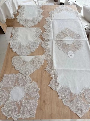 Ceki Home Salon Takımı Çeyizlik Krem Runner Set 5 Parça Keten Ranır Masa Konsol Sehpa Örtüsü Kartanesi