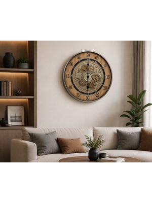 Kasımoğulları Concept Ahşap Desenli Dekoratif Duvar Saati 60 Cm, Metal Çerçeveli, Vintage Tasarım, Açıkta Görünen Dişli Mekanizma, Modern ve Endüstriyel Dekorasyon Saati, Salon ve Ofis Kullanımı
