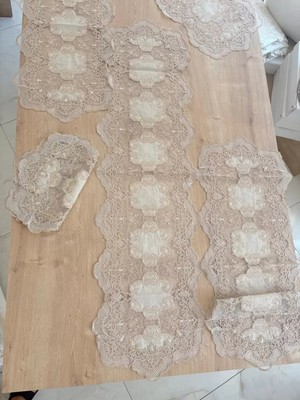 Ceki Home Salon Takımı Çeyizlik Krem Runner Set 5 Parça Keten Ranır Masa Konsol Sehpa Örtüsü Orkide