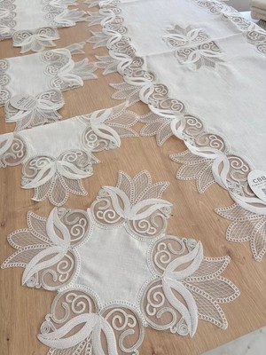 Ceki Home Salon Takımı Çeyizlik Kreme Gümüş Runner Set 5 Parça Keten Ranır Masa Konsol Sehpa Örtüsü Kayla