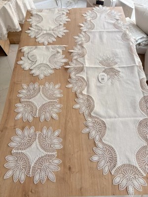 Ceki Home Salon Takımı Çeyizlik Krem Runner Set 5 Parça Keten Ranır Masa Konsol Sehpa Örtüsü Lady