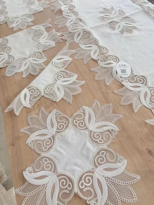Ceki Home Salon Takımı Çeyizlik Kreme Gold Runner Set 5 Parça Keten Ranır Masa Konsol Sehpa Örtüsü Kayla