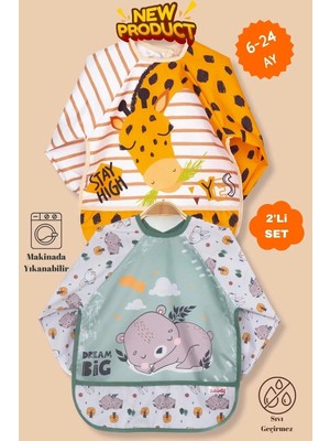 Esranın Dünyası Umbaby 2'li Uzun Kollu Mama Önlüğü, Zürafa ve Ayıcık Desen, Sıvı Geçirmez, Makinede Yıkanabilir, 6-24 Ay