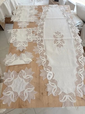 Ceki Home Salon Takımı Çeyizlik Kreme Krem Runner Set 5 Parça Keten Ranır Masa Konsol Sehpa Örtüsü Kayla