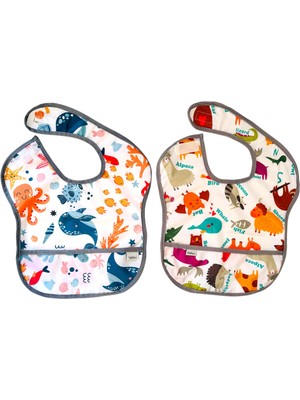 Esranın Dünyası Yorni 2 Adet Ekonomik Set 6-24 Ay Zoo ve Seaworld Desen Sıvı Geçirmeyen Cepli Cırtlı Mama Önlüğü