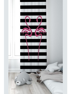 Esranın Dünyası Pelangi Siyah Flamingo Desenli Dijital Baskı Yıkanabilir Bebek Çocuk Odası Fon Perdesi, Fuşya-Siyah 140 x 200